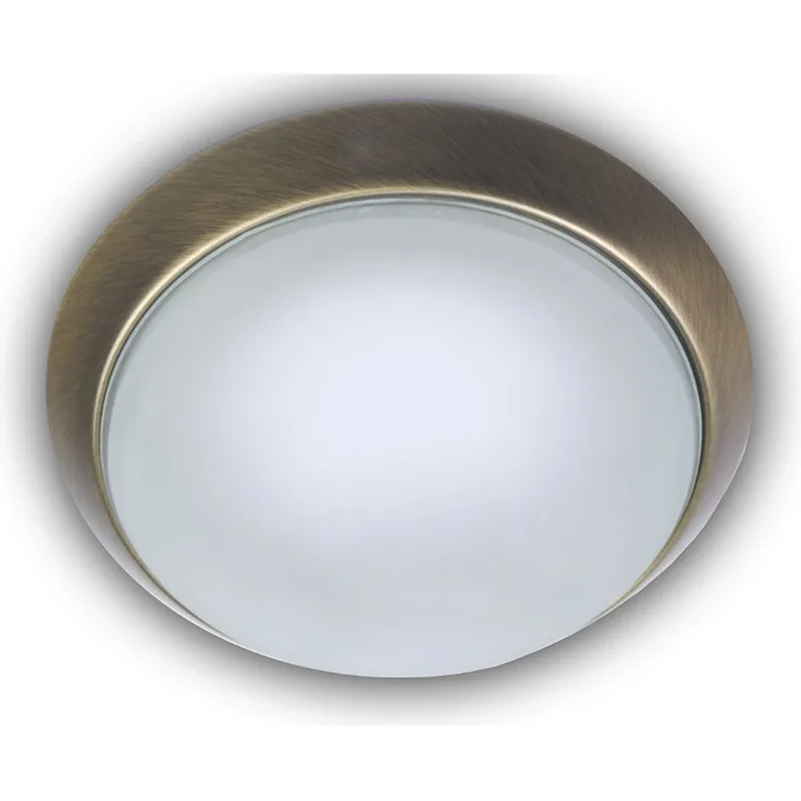 Deckenleuchte, Glas Weiß mit Klarrand, Dekorring Altmessing, Ø 25cm
