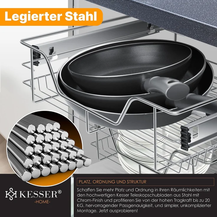 KESSER® Teleskopschublade 30-60cm Schrankbreite verchromt aus Edelstahl Schubladeneinsatz für Küchenschrank Korbauszug Schrankauszug 2x 60cm - Silber – Bild 8