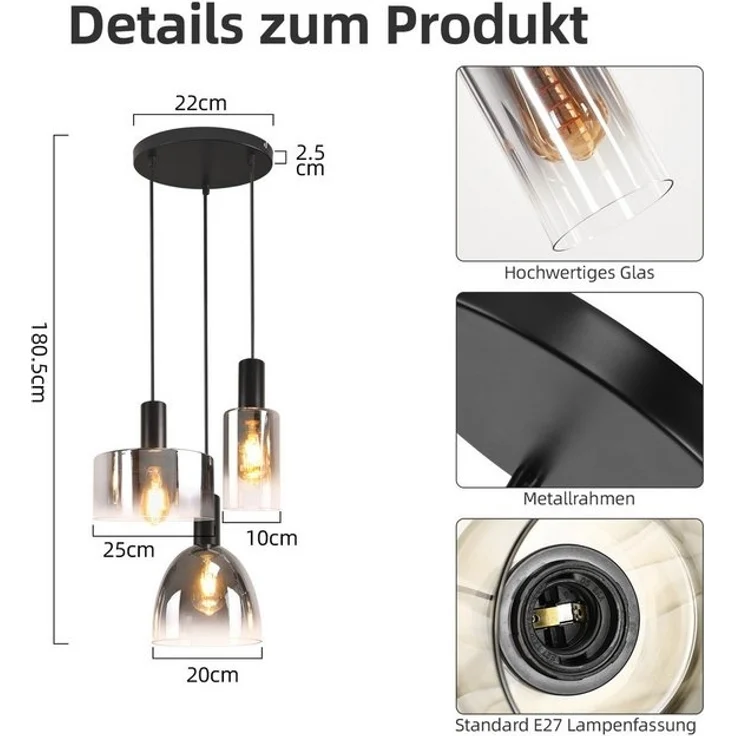 Nettlife Pendelleuchte 3/4 rauchgrauem Glas E27 Fassung Industrielle Hängeleuchte, Höhenverstellbar, LED wechselbar, Pendellampe für Wohnzimmer Küche Esszimmer – Bild 4