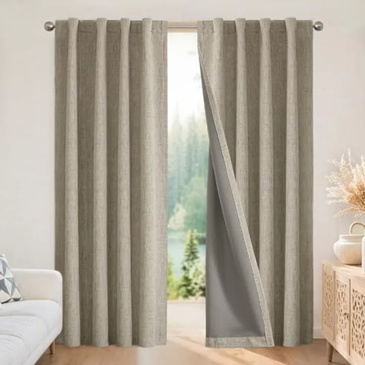 Joydeco 100% Blickdichte Vorhänge mit Schlaufen Verdeckten Leinenoptik, Verdunkelungsvorhang Stangendurchzug Gardinen Thermovorhang Leinen Hitzeschutz für Wohnzimmer