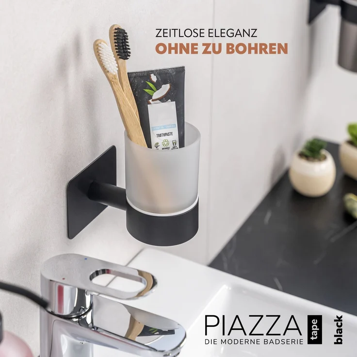 Bad-Serie PIAZZA BLACK TAPE - Zahnputzbecher ohne Bohren - mit Klebepad, aus Glas und Edelstahl, matt schwarz – Bild 2