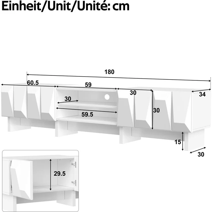 DESVIAE Sideboard-Set 3-tlg. Weiß aus Spanplatte – TV-Lowboard 180x44,5x34 cm – geometrische 3D-Fronten – Bild 7