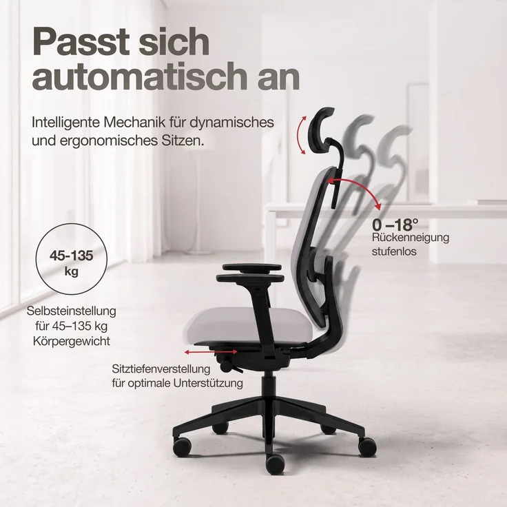 ASSMANN Ergonomischer Bürostuhl Atessa mit Polsterrücken und Kopfstütze Hellgrau 63x53x121cm Textil – Bild 4