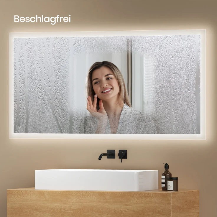 EMKE Badspiegel mit Beleuchtung, 120x60cm, Kaltweißes/Warmweißes Licht, Knopfschalter, Beschlagfrei, Speicherfunktion – Bild 4