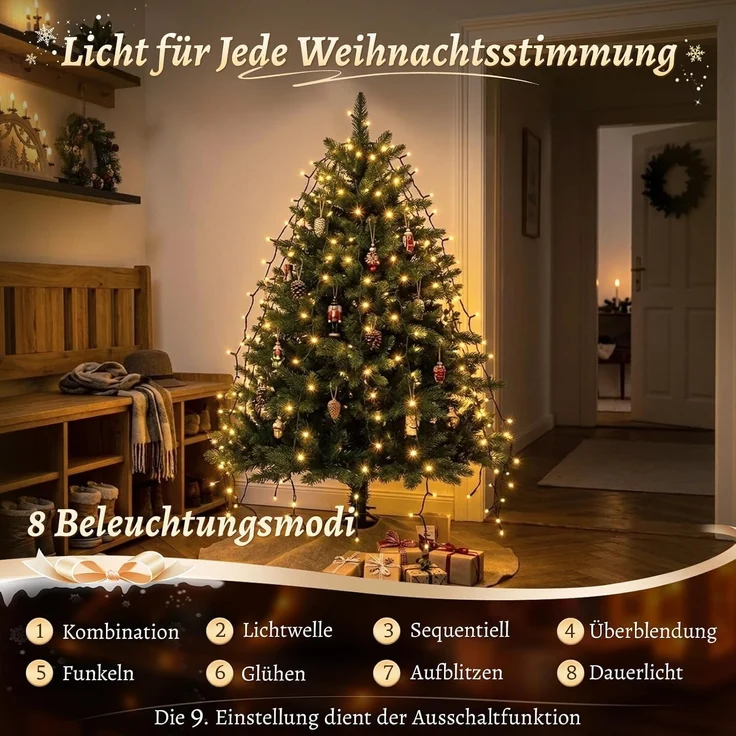 SALCAR 1,5m Weihnachtsbaum Lichterkette mit Ring und 8 Girlanden, 200er LED – Bild 2