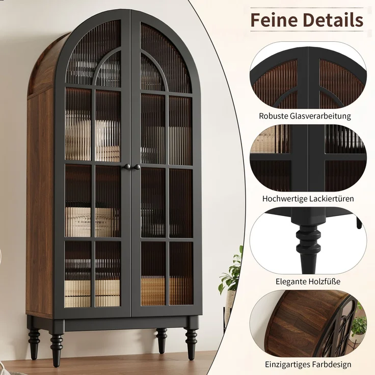 Hoher Bogen-Aufbewahrungsschrank, freistehende hohe Bogen-Aufbewahrungstür für Küche und Wohnzimmer,Küchenschrank, Aufbewahrungsschrank,Vitrine mit Glastüren,Schrank mit Holzmaserung, 2 Schränke – Bild 6
