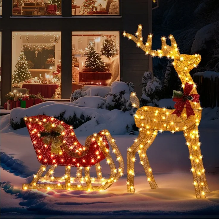 LALAHO Weihnachtsfigur LED Rentier mit Schlitten Weihnachtsbeleuchtung, mit 180 LEDs, Rentier Weihnachten Deko für Außen und Innen – Bild 1