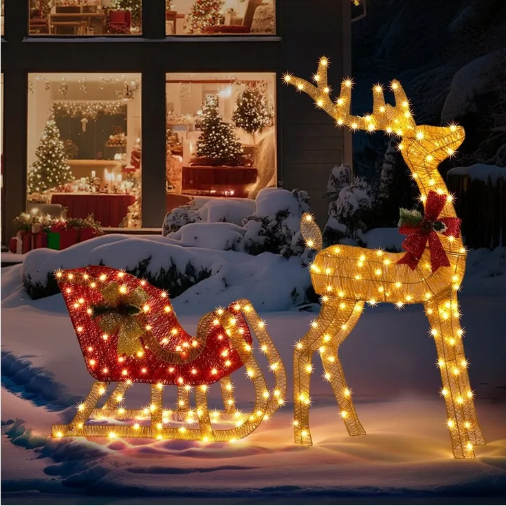 LALAHO Weihnachtsfigur LED Rentier mit Schlitten Weihnachtsbeleuchtung, mit 180 LEDs, Rentier Weihnachten Deko für Außen und Innen