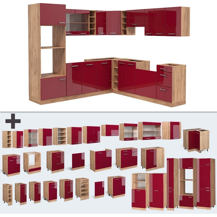 Eckküche R-Line Rot Hochglanz/Goldkraft Eiche 247 x 46 cm ohne Arbeitsplatte Vicco – Bild 6