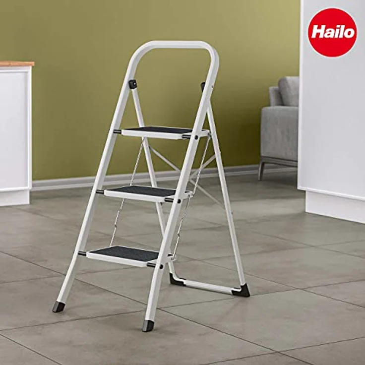 Hailo HobbyStep Stahl-Klapptritt-Leiter - 3 breite Stahl-Stufen mit Anti-Rutsch-Matten belastbar bis 150 kg - Trittleiter mit Klappsicherung - geriffelter ganzflächig aufstehender Steckfuß - weiß – Bild 7