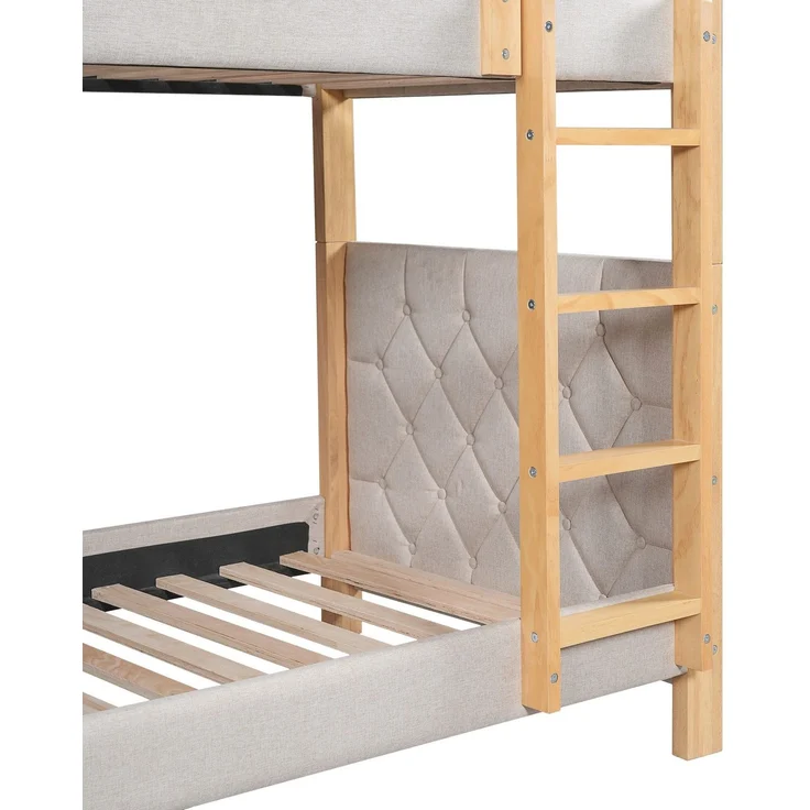 Etagenbett mit 2 Schlafgelegenheiten, 90x200cm, Kopfteil gepolstert, Kinderbett mit Leiter und Lattenost, Massivholz – Bild 10