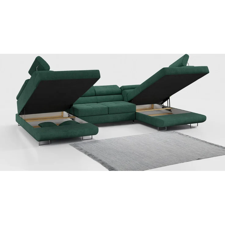 Ecksofa, Wohnzimmer U Couch, Polstersofa mit Bettkasten - GUSTAW-U - Grün Stoff – Bild 3