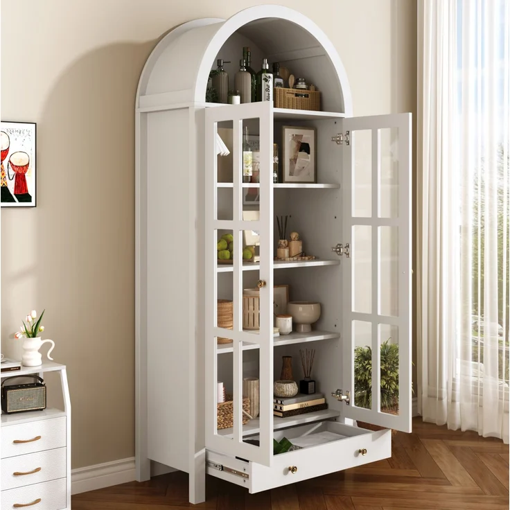 Standvitrine aus MDF mit Acryl-Türen & Schublade, 75x35x170,5 cm, Weiß – Bild 2