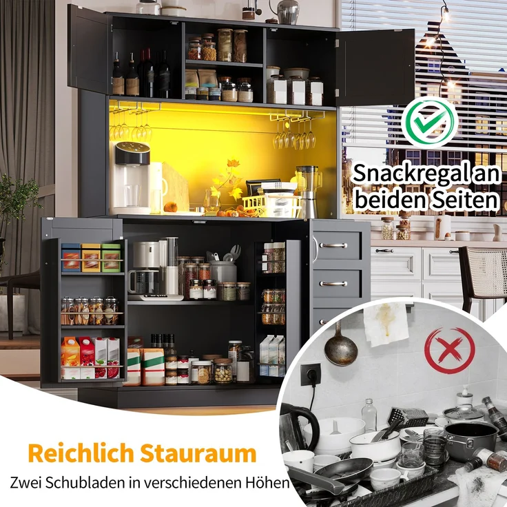 Seitenboard / Aufbewahrungsschrank / Küchenschrank / Buffetschrank, 120 x 40 x 188 cm, mit LED-Beleuchtung, Snackregal & Getränkehaltern, 4 Türen & 2 große Schubladen, Grün/Schwarz/Weiß – Bild 9