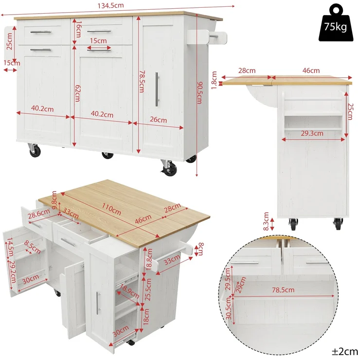 Kücheninsel Weiß klappbarer Küchenwagen mit multifunktionalem Stauraum mit Holzmaserung, Zinkgriffe, verstellbare Schränke – Bild 6