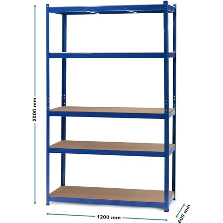 Wiltec Schwerlastregal 120 x 60 x 204 cm, 200kg/Ebene, Steckregal blau, Lastenregal mit 5 Ablagen, Werkstattregal – Bild 4