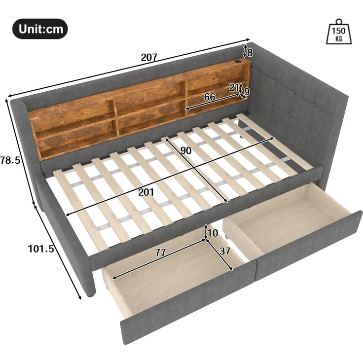 Daybett 90x200 cm mit 2 Schubladen, USB- & Typ-C-Anschlüssen, gepolstertem Leinenbezug und elegantem Knopfdesign,Grau – Bild 7