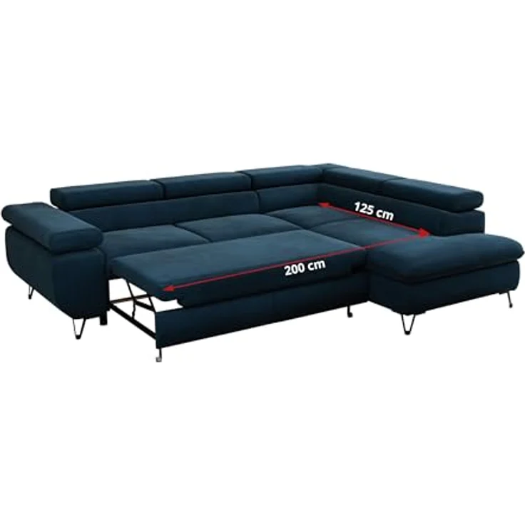 Mks Möbel 'Peter L-form' Ecksofa mit Bettfunktion, Bettkasten & einstellbaren Kopfstützen, Dunkelblau, Velours, rechts – Bild 7