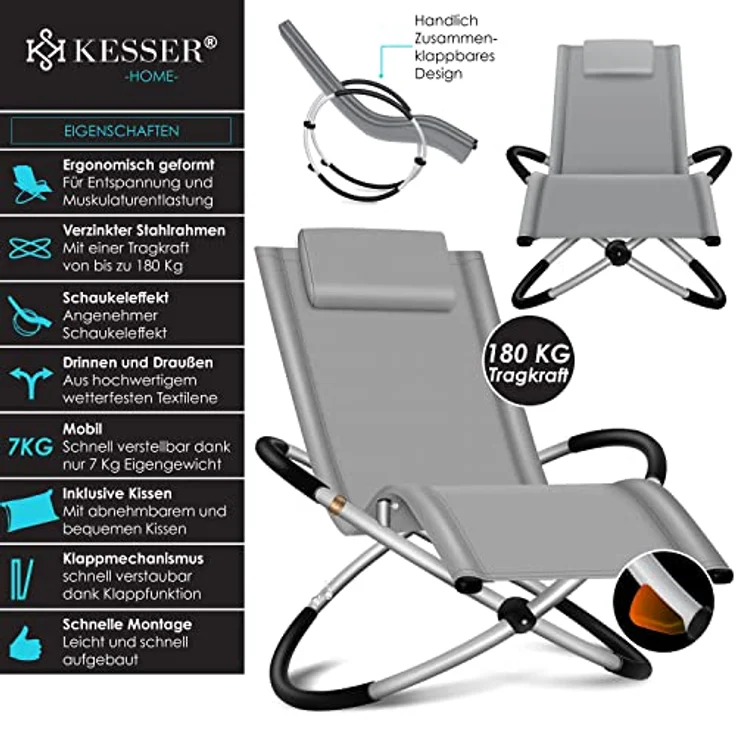 KESSER® Relaxliege Liegestuhl | Gartenliege Sonnenliege | Gartenstuhl | Klappstuhl faltbar | Schwungliege | Schaukelsessel | ergonomische Relaxsessel | wetterfest | 180 kg Belastung (Grau) – Bild 4