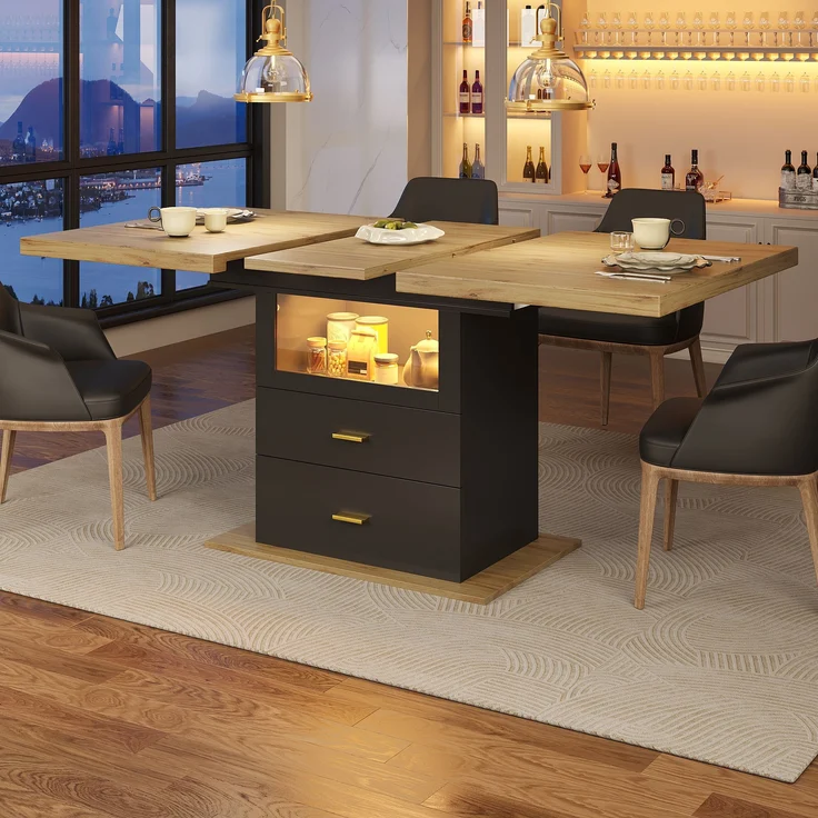 Ausziehbarer Esstisch mit LED-Beleuchtung 110/140x80x75 cm, Holzoptik, schwarzer Schrank & 2 Schubladen – Bild 2