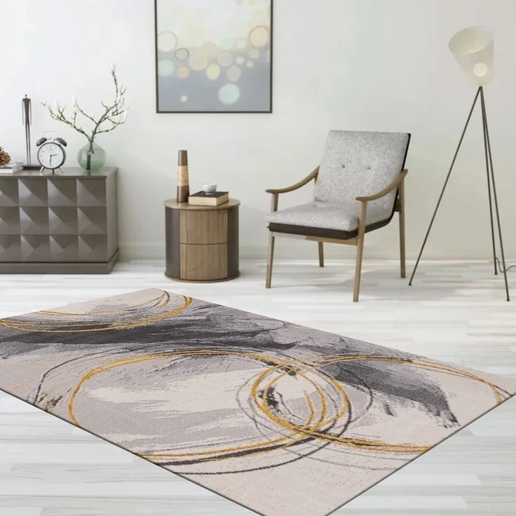 Vimoda Teppich Teppich Wohnzimmer kurzflor, Rechteckig, Schlafzimmer Flur Teppich Kreisel Muster in Gelb Creme – Bild 1
