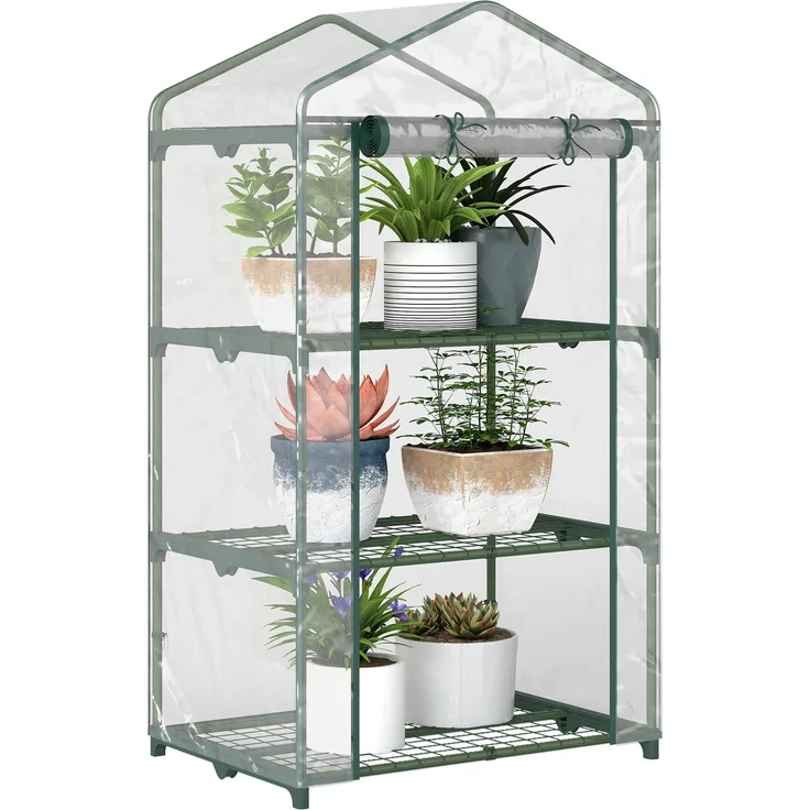 MELAYR, Gartengewächshaus mit 3 Ablagen, Balkongewächshaus, Verstärkte PVC-Plane, Stahlrahmen, 73 x 48 x 8 cm, Grün