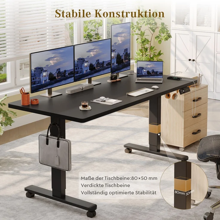 Devoko Höhenverstellbarer Schreibtisch Holzwerkstoff und Metall Schwarz 160 x 80 x 72-118 cm – Bild 7