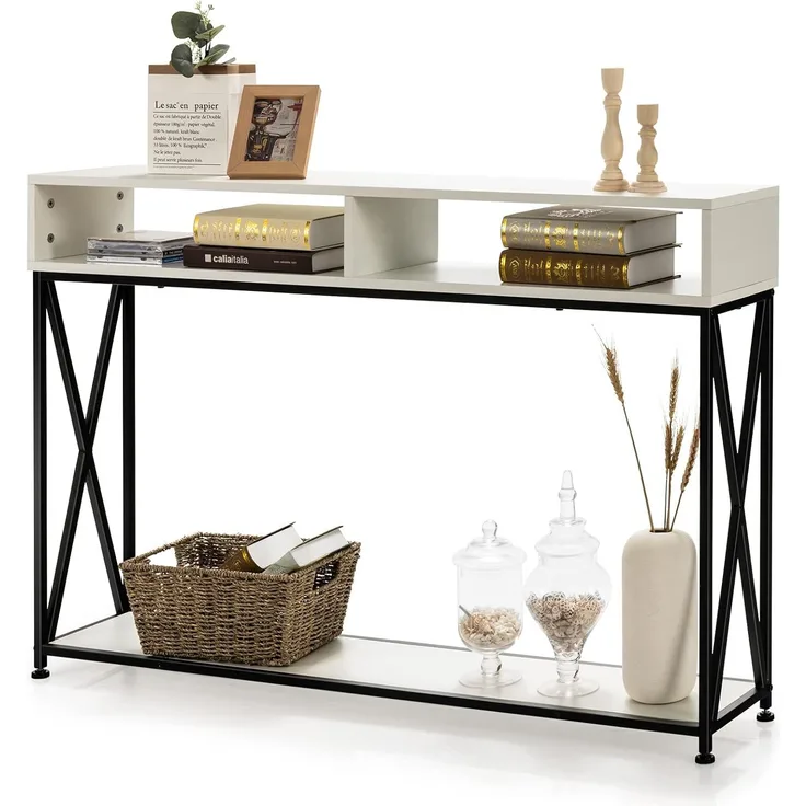 COSTWAY 2 Ebenen Konsolentisch mit offnen Fächern, Flurtisch aus Holz, Standregal, Beistelltisch für Eingang, Wohnzimmer und Schlafzimmer, 120 x 23 x 79 cm (Weiß)