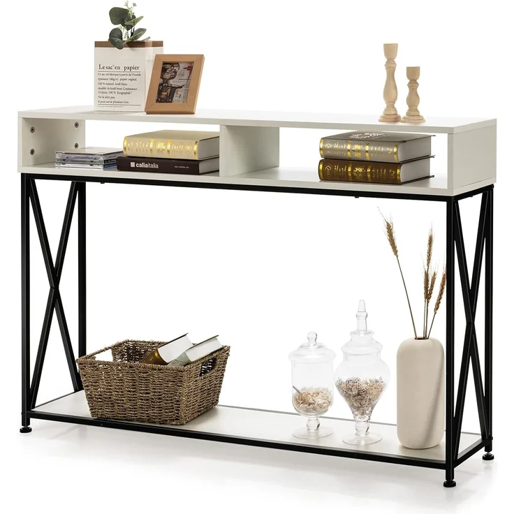 COSTWAY 2 Ebenen Konsolentisch mit offnen Fächern, Flurtisch aus Holz, Standregal, Beistelltisch für Eingang, Wohnzimmer und Schlafzimmer, 120 x 23 x 79 cm (Weiß) – Bild 1