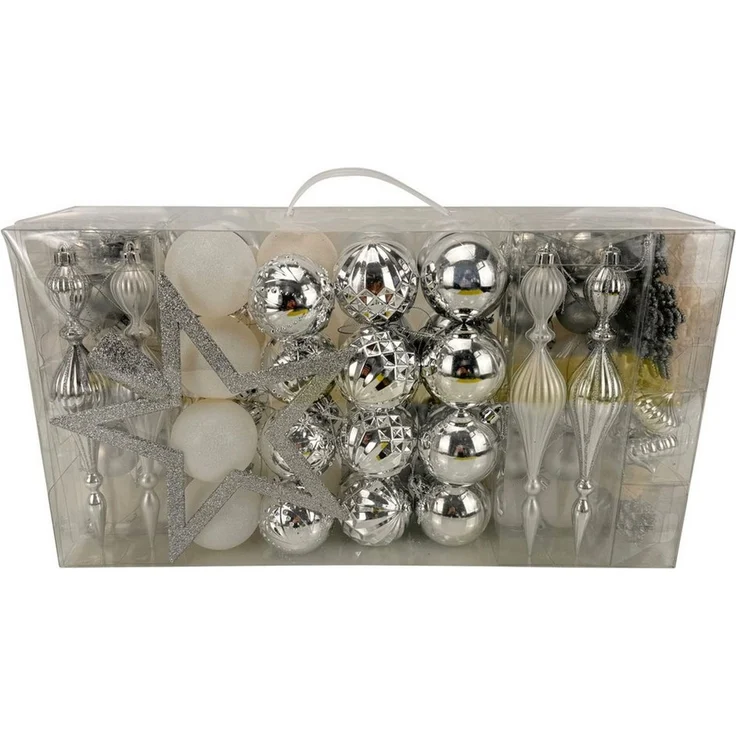 Online-Fuchs Christbaumschmuck Weihnachtsbaumschmuck - 100 Teile - Kugeln, Schneeflocken, Sterne, Tannenzapfen, Weihnachtsbaumspitze - Silber, Rot, Gold, Rosé – Bild 1