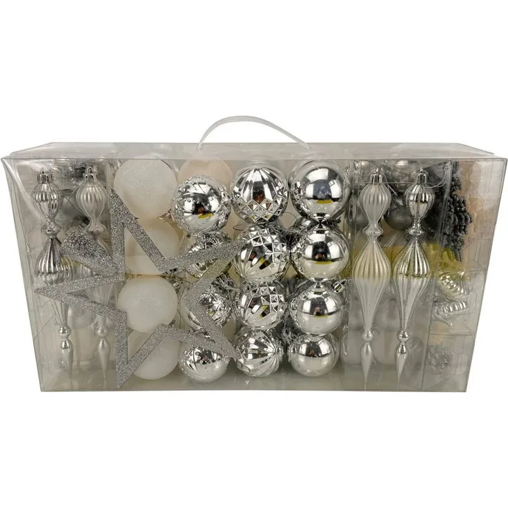 Online-Fuchs Christbaumschmuck Weihnachtsbaumschmuck - 100 Teile - Kugeln, Schneeflocken, Sterne, Tannenzapfen, Weihnachtsbaumspitze - Silber, Rot, Gold, Rosé