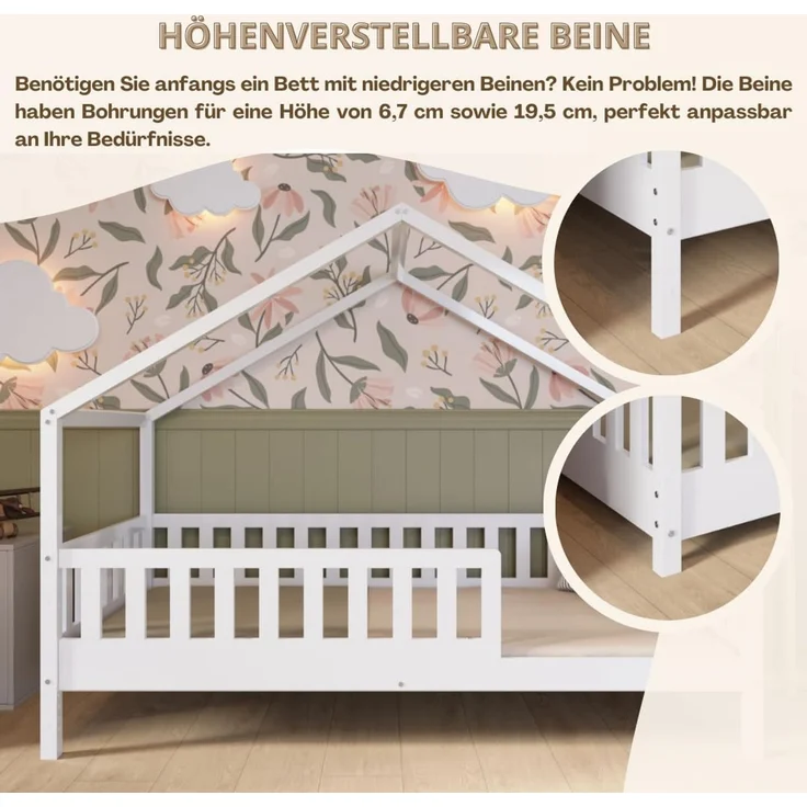 Crazy Pine 'Crazy House' Hausbett mit abnehmbaren Rausfallschutz, Naturholz, Weiß, 120x200 cm, mit Schubladen – Bild 6