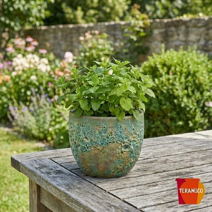 Keramik Blumentopf Eggpot Lava Grün Ø 21cm - Struktur Übertopf geschliffen Unikat – Bild 6