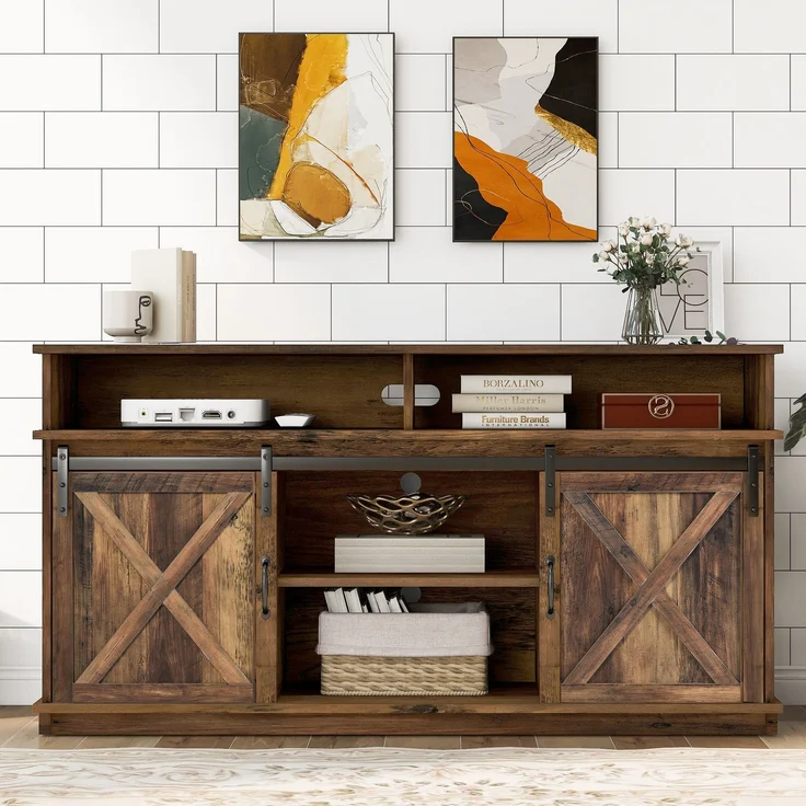 TV-Schrank 148 x 40 x 78 cm für Fernseher bis 65 Zoll, Rustikales Design mit Schiebetüren, 8 Ablagefächern, 2 höhenverstellbaren Regalen – Bild 2
