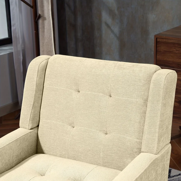 LVHOM Sessel aus Leinenstoff mit Knopfsteppung, Relaxsessel mit Massivholzbeinen, Polstersessel für Wohnzimmer & Büro, bis 130kg, Beige – Bild 3