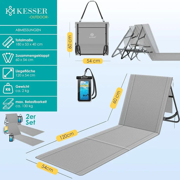 KESSER® Strandmatte klappbar mit verstellbarer Rückenlehne, Strandliege faltbar mit Tragegurt, wasserdichter Handyhülle & Aufbewahrungstasche, Sonnenliege für Strand Garten Terrasse, Liegematte 130Kg Grau, 2er Set / 50W – Bild 2