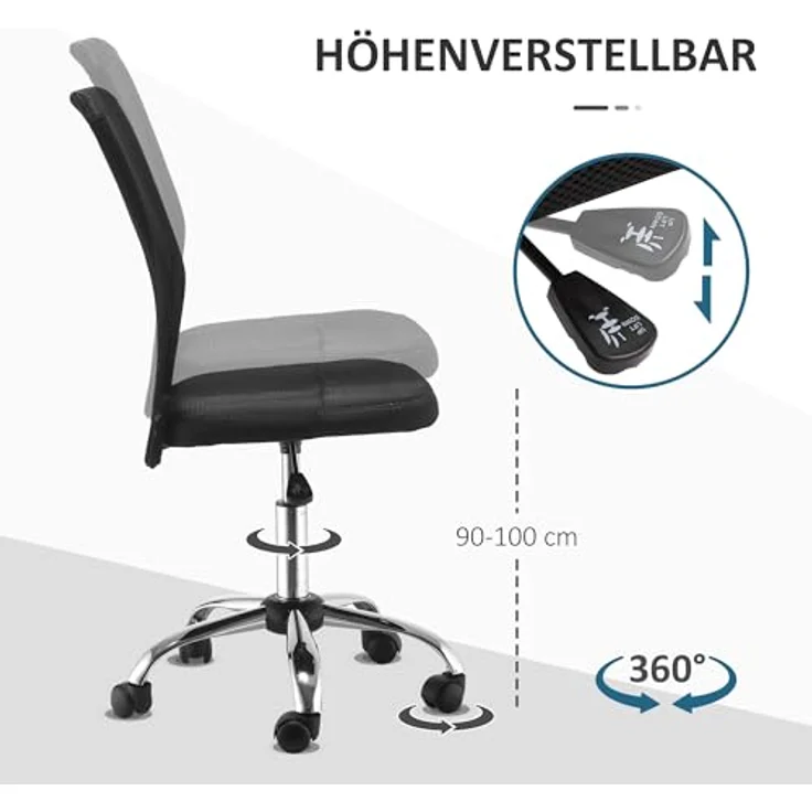 Vinsetto Ergonomischer Bürostuhl, Schwarz, Höhenverstellbar, Atmungsaktives Mesh, Drehstuhl mit 5 Rollen, 90-100 cm Höhe – Bild 5