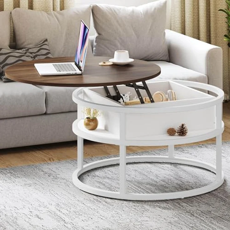 YITAHOME Couchtisch Rund mit Hebeplatte, Wohnzimmertisch mit verstecktem Ablagefach, Beistelltisch Rund mit Stauraum für Home Office, Runder Mitteltische Wohnzimmer, Weiße Eiche – Bild 9