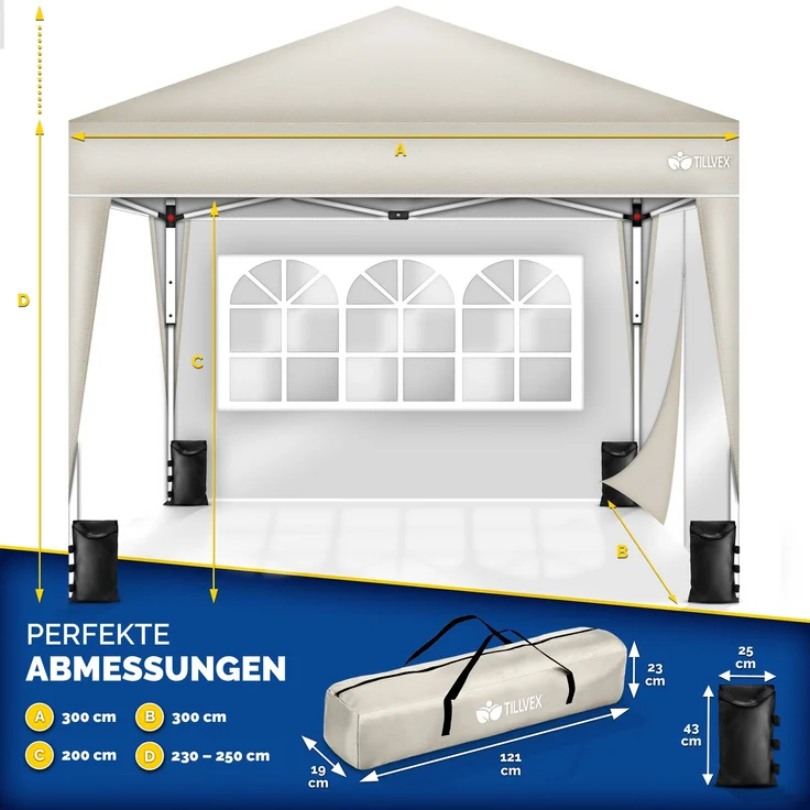 tillvex Pavillon 3x3m Beige - mit 2 Seitenteilen wasserdicht | Pop-Up Faltpavillon höhenverstellbar | Gartenzelt UV Schutz 50+ | Partyzelt mit Tasche für Garten – Bild 7