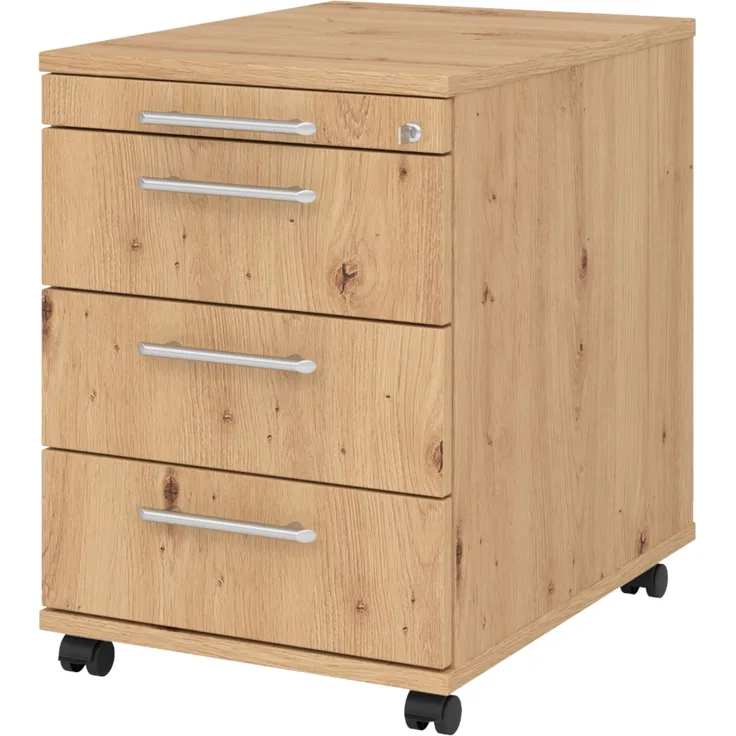 bümö Rollcontainer mit Schubladen, Container abschließbar aus Holz in Asteiche - Rollwagen für's Büro als Schreibtisch Unterschrank, Bürocontainer od. Schreibtischcontainer mit Relinggriffe, AC30-R-R-RE