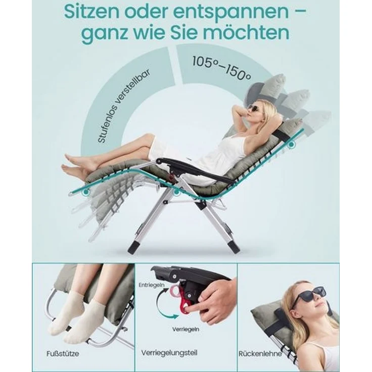 SONGMICS Klappbare Relaxliege mit Stahlrahmen, abnehmbarem Kissen, Liegestuhl für Garten und Balkon, Tasche, Tablett, hellgrau – Bild 3