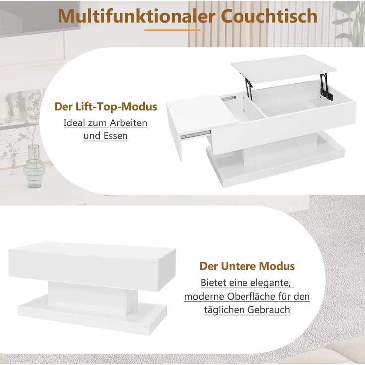 Couchtisch, mit hydraulischem Lift, schiebbarer Platte & LED-Beleuchtung, 100x50x45 cm, Weiß – Bild 9