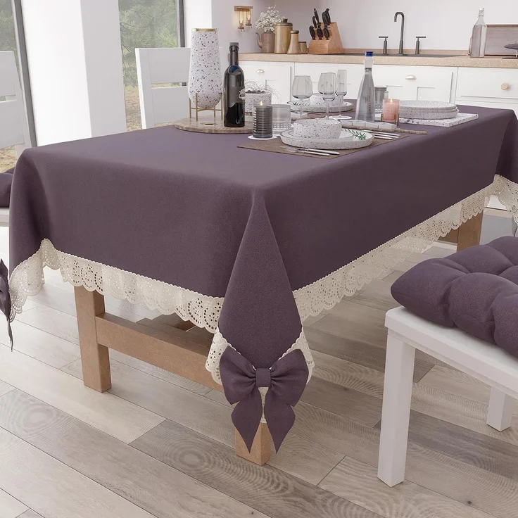 PETTI Artigiani Italiani Tischdecke Rechteckige Küchentischdecke mit Sangallo-Spitze und Schleifen, einfarbige Baumwolltischdecke, 12-Sitzer (140x240 cm), Mauve