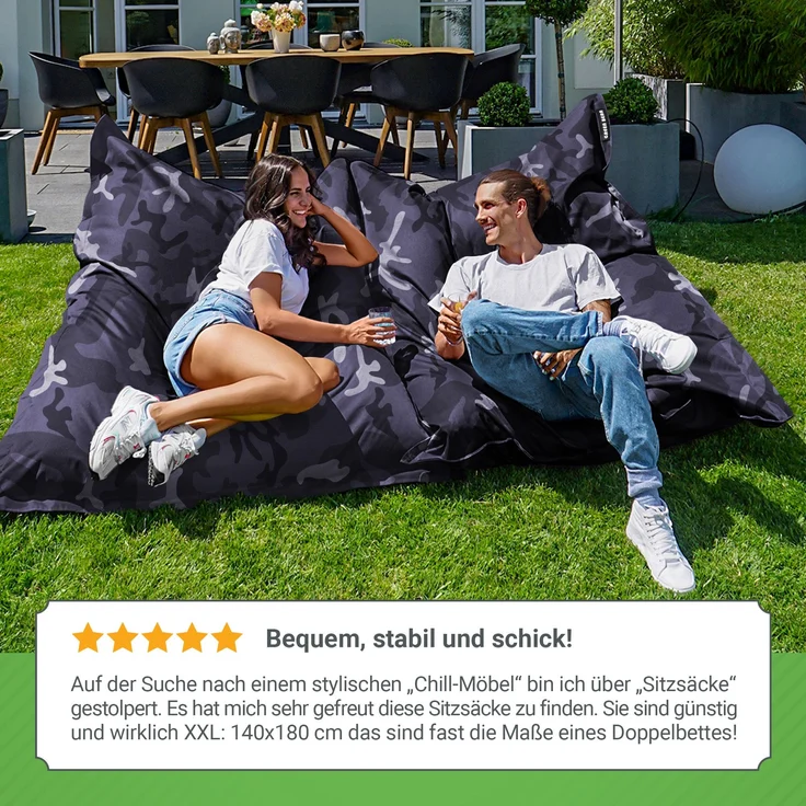 Green Bean® Sitzsack XXL 140x180cm 380 Liter Kinder & Erwachsene Bean Bag EPS Perlen Füllung Outdoor Riesensitzsack - waschbares und wetterfestes Lounge Sitzkissen - Camouflage Schwarz – Bild 4