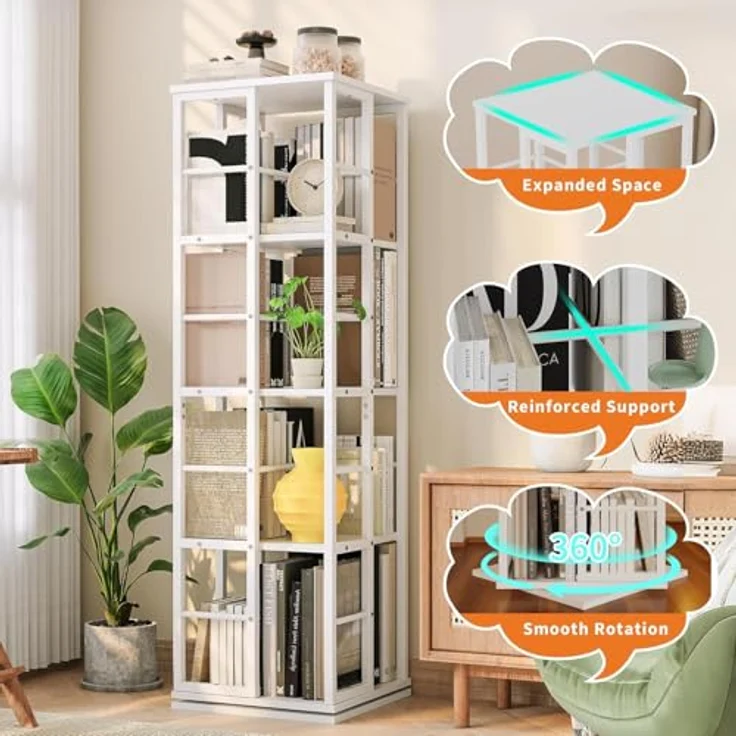 GarveeHome 5-Etagen-Drehregal Mit 360° Rotation | Schmaler Bücherturm Mit Metallschienen Für Wohnzimmer, Büro & Wohnung (40x40x137 cm) – Bild 4