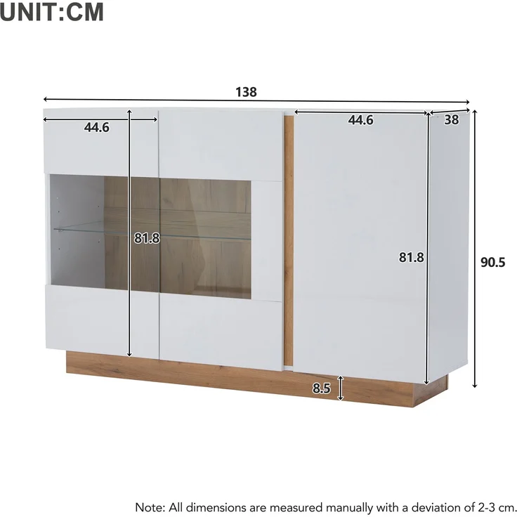 DESVIAE Sideboard mit LED-Beleuchtung und 3 Türen, 138x90,5x38,5 cm, Spanplatte und Glas, Weiß – Bild 10