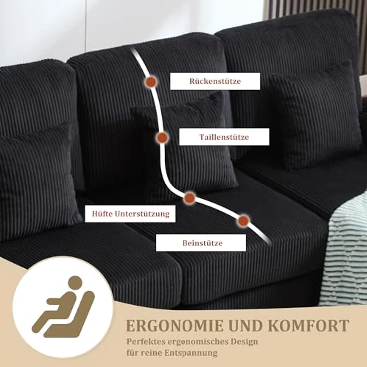 Ball & Cast U-förmiges Couch mit Schlaffunktion, Samt Sofa mit Lichtleiste und USB-Anschlüssen für das Wohnzimmer Wohnung Villa, 265 x 88 x 135 (BxHxT), Schwarz – Bild 9