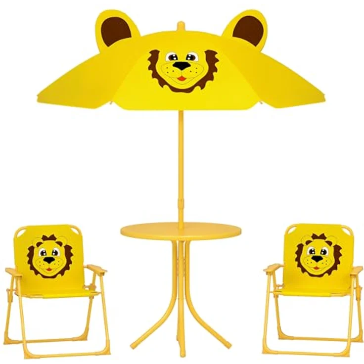 AIYAPLAY Garten-Kindersitzgruppe Kindersitzgarnitur mit höhenverstellbarem Sonnenschirm, (Gartentisch, 2 Klappstühle, 4-tlg, Löwen-Design für 2-5 Jahre Kinder), Gelb – Bild 2