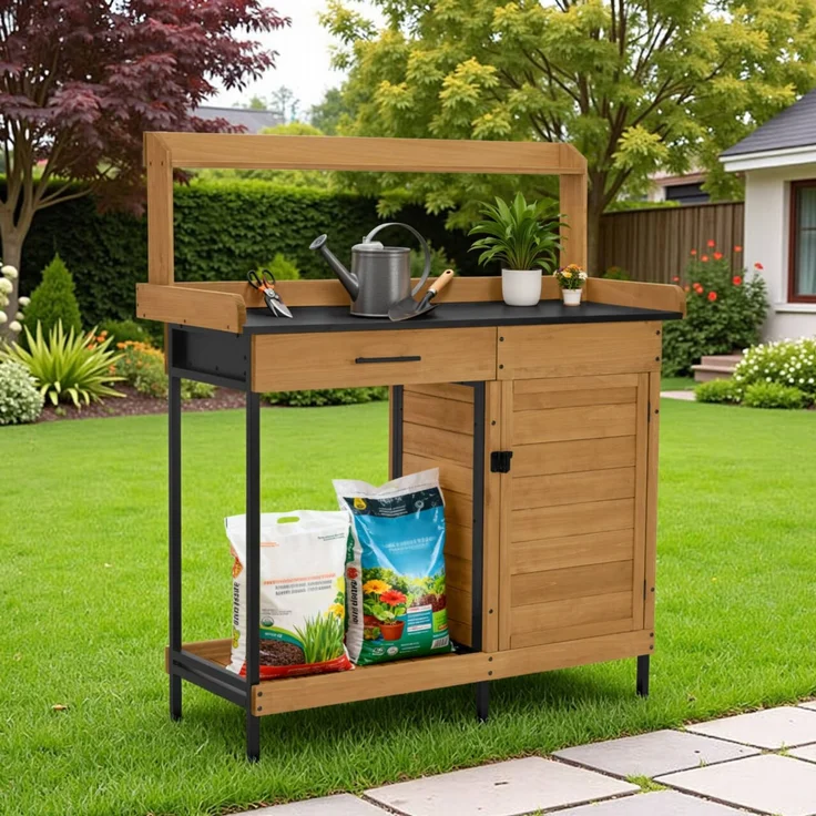 M MCombo Pflanztisch mit Schublade, Ablage, Verzinkter Arbeitsplatte & Schrank, Gärtnertisch Wetterfest mit 3 Haken, Blumentisch Massivholz für Garten, Balkon & Terrasse, 47 x 111 x 127 cm, 2049 (Natur) – Bild 2