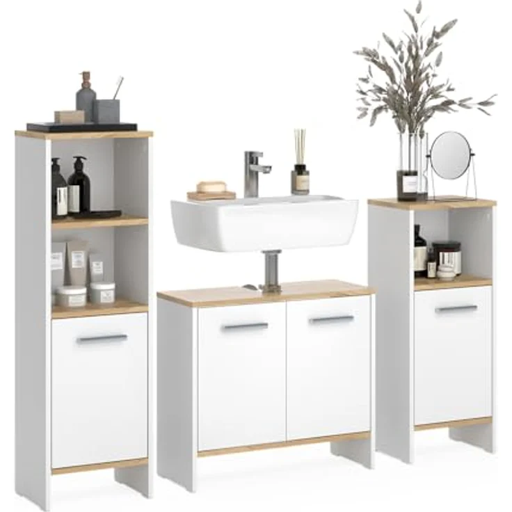 Vichy Badmöbel-Set Karli, 3-teilig in Weiss/Goldkraft Eiche, inklusive Waschbeckenunterschrank und zwei Midischränken – Bild 5